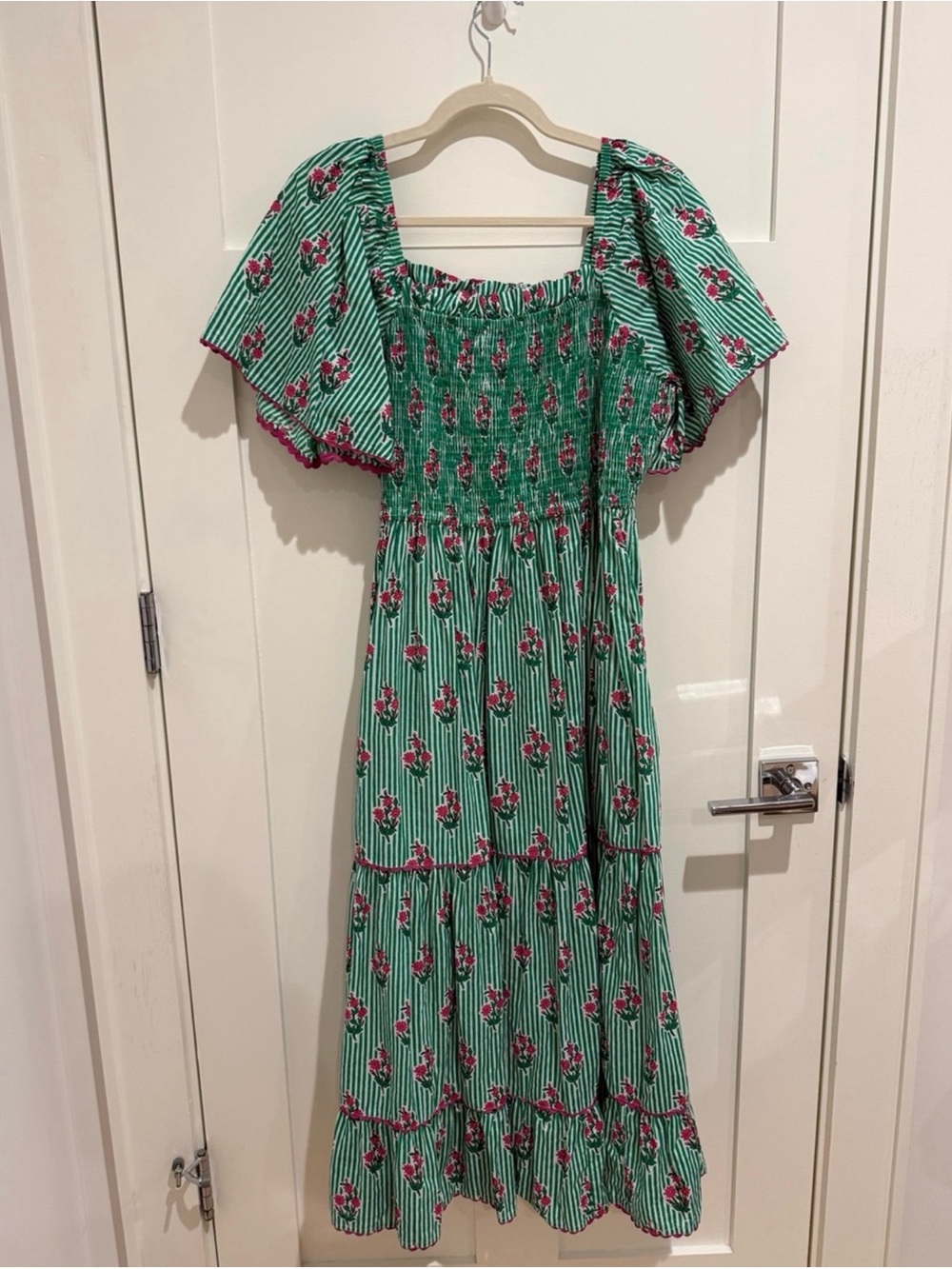 Smocked Square-Neck Midi Dress in Mint Floral - Picture 2 of 4